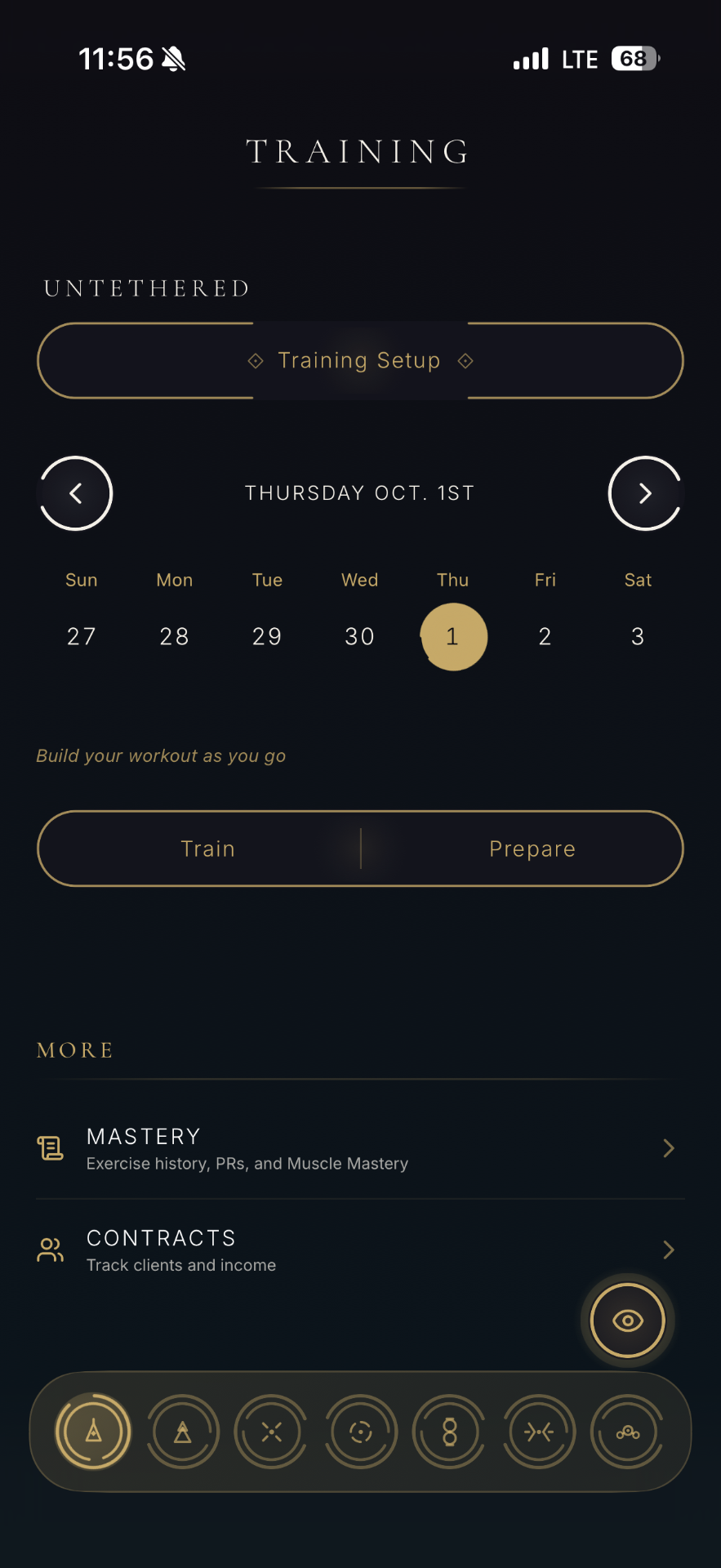 Endgame Physique Training screen showing Untethered training setup
