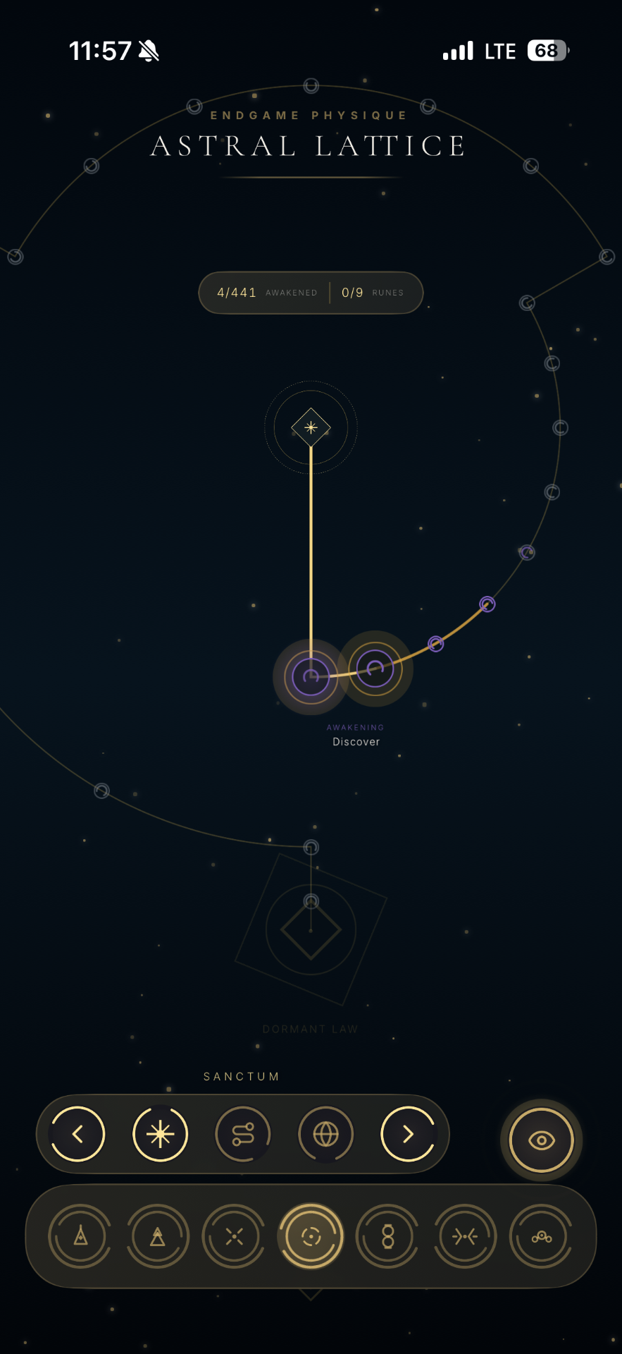 Endgame Physique Astral Lattice screen showing awakened nodes and runes