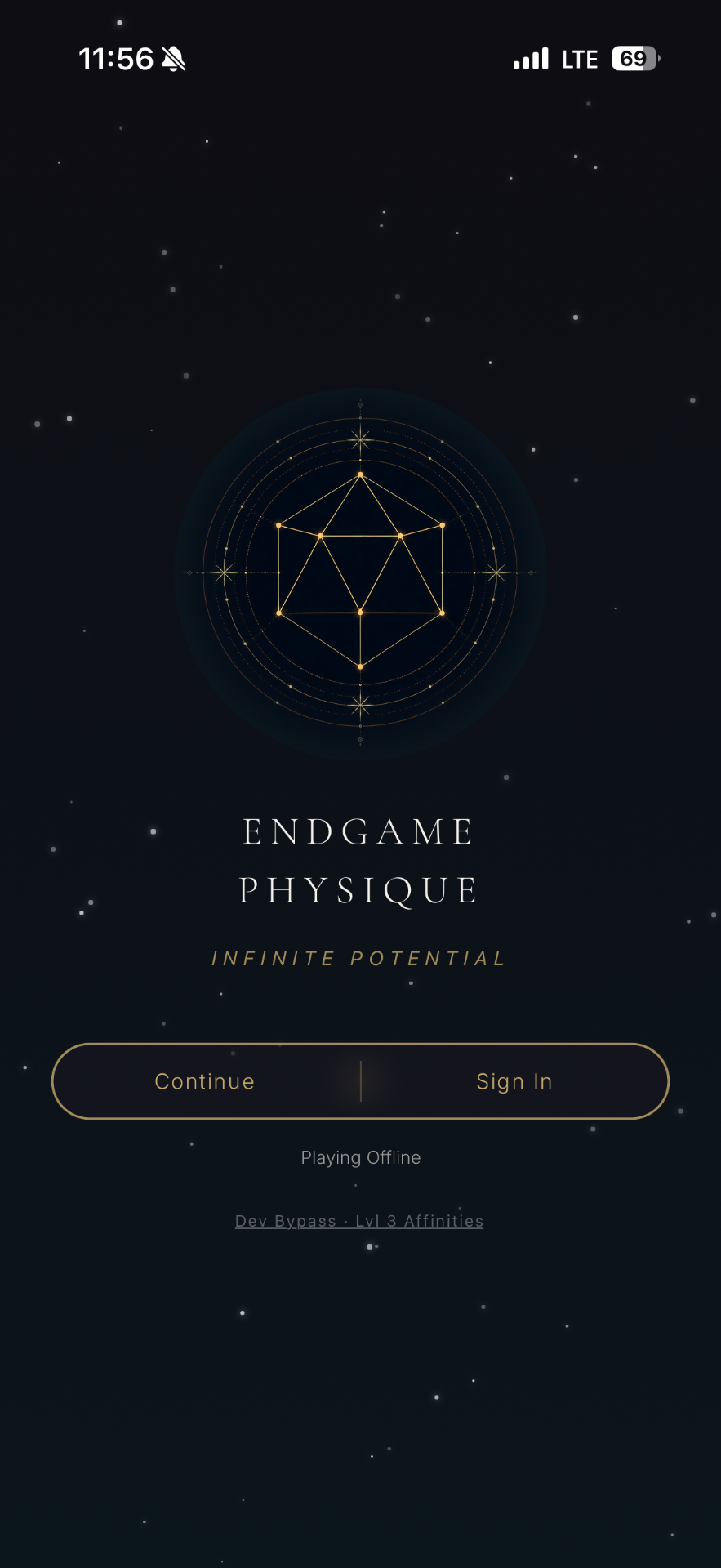 Endgame Physique opening screen with Continue and Sign In controls